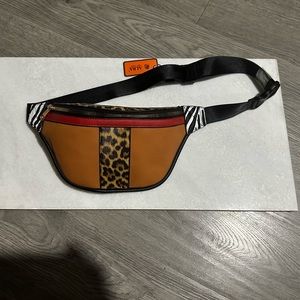 Belt Bag color Tan/Red/Zebra & Leopard Print front & back zip 3 card slot inside